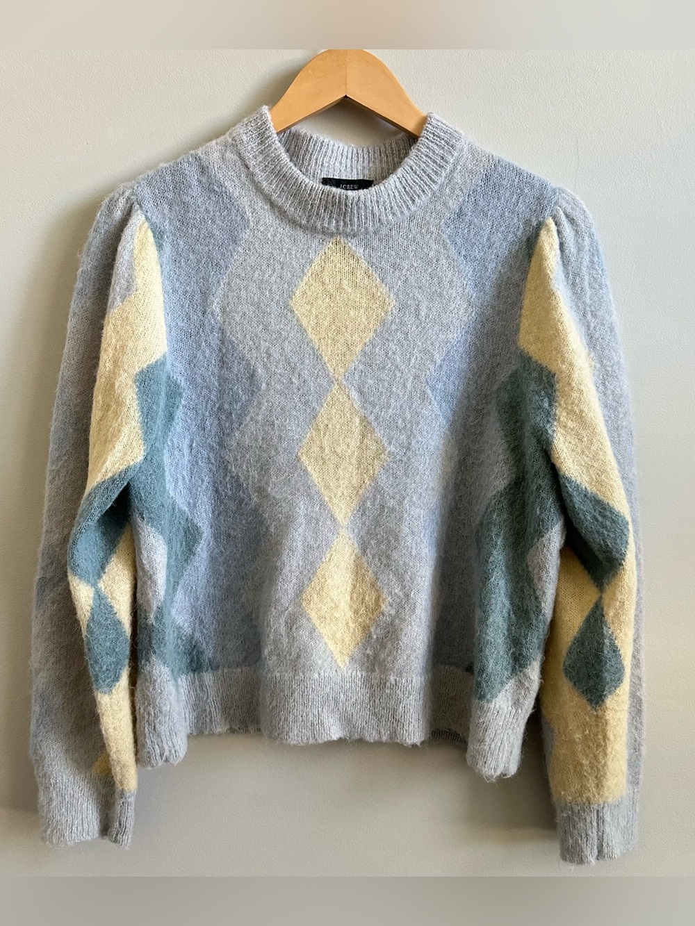 J.Crew Alpaca Wool Blend Argyle Diamond Puff Sleeve Sweater Blue Pastel (Large)